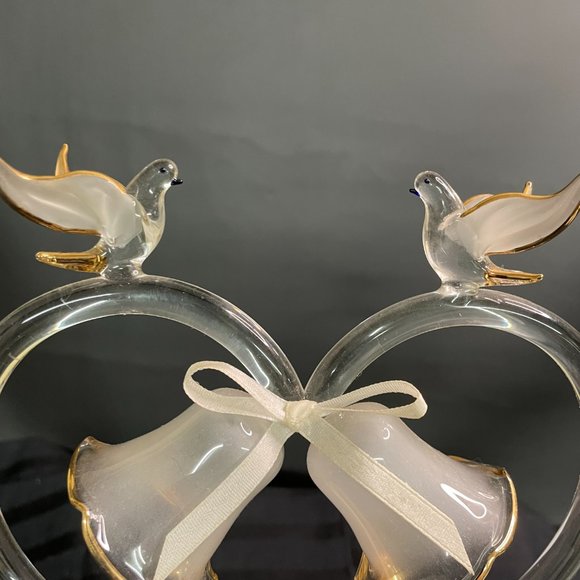 Doves & Wedding Bells Decor Cake top Handblown Glass Sculpture Clear w/Gold Trim - Picture 3 of 8